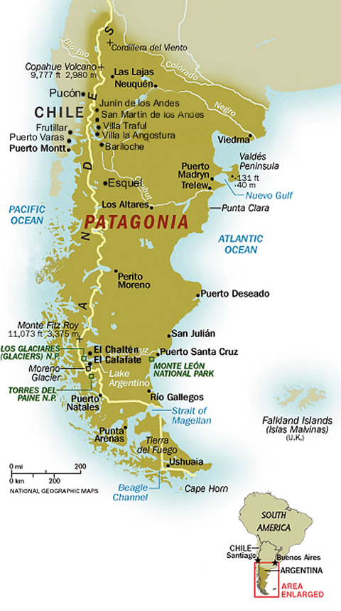 Mapa da Patagônia Chilena e Argentina